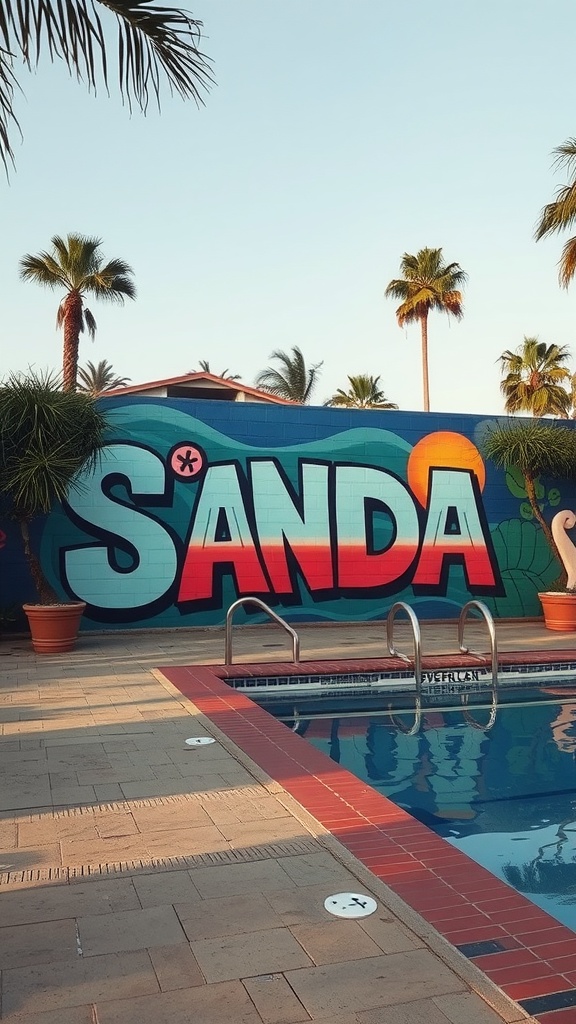 Colorful mural spelling 'SANDA' on a wall beside a pool, surrounded by palm trees.