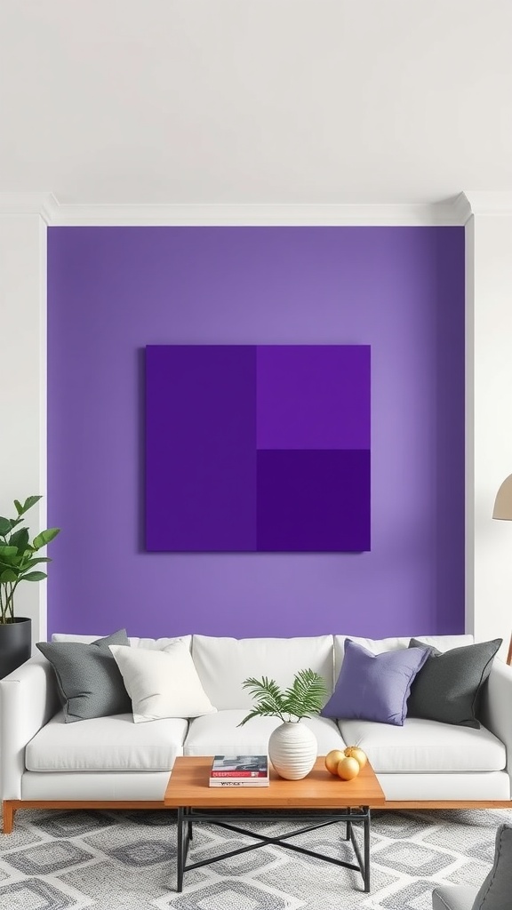 A purple living room featuring a geometric purple wall art piece above a white couch with various cushions and a wooden coffee table.