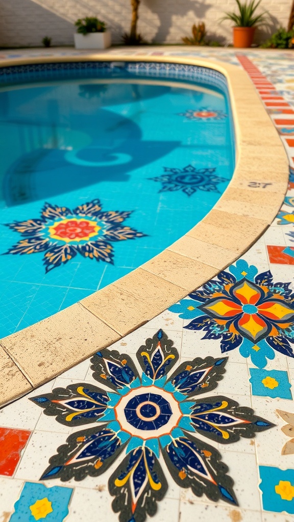 Colorful artistic tile designs around a small pool