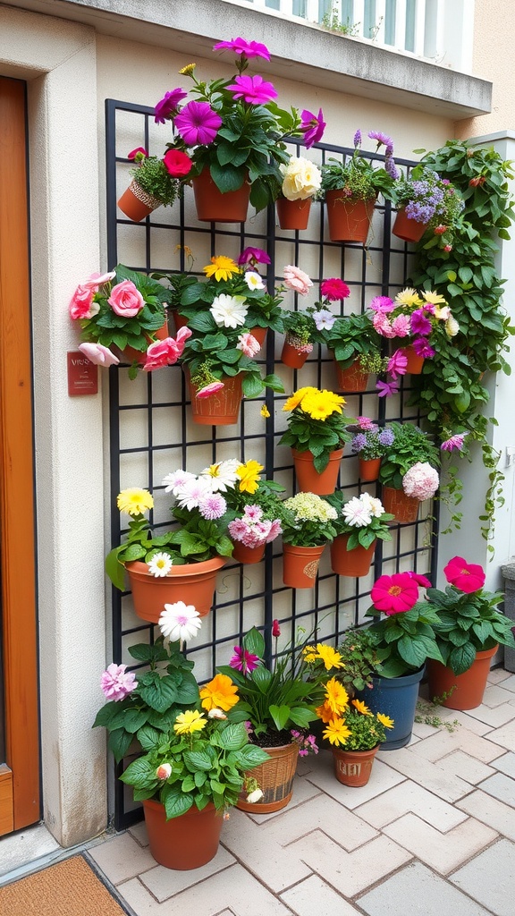 A vertical flower garden with colorful potted flowers arranged on a wall-mounted grid.