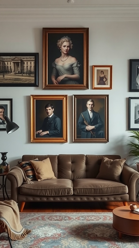 Dark academia living room with artistic wall decor featuring various framed portraits.