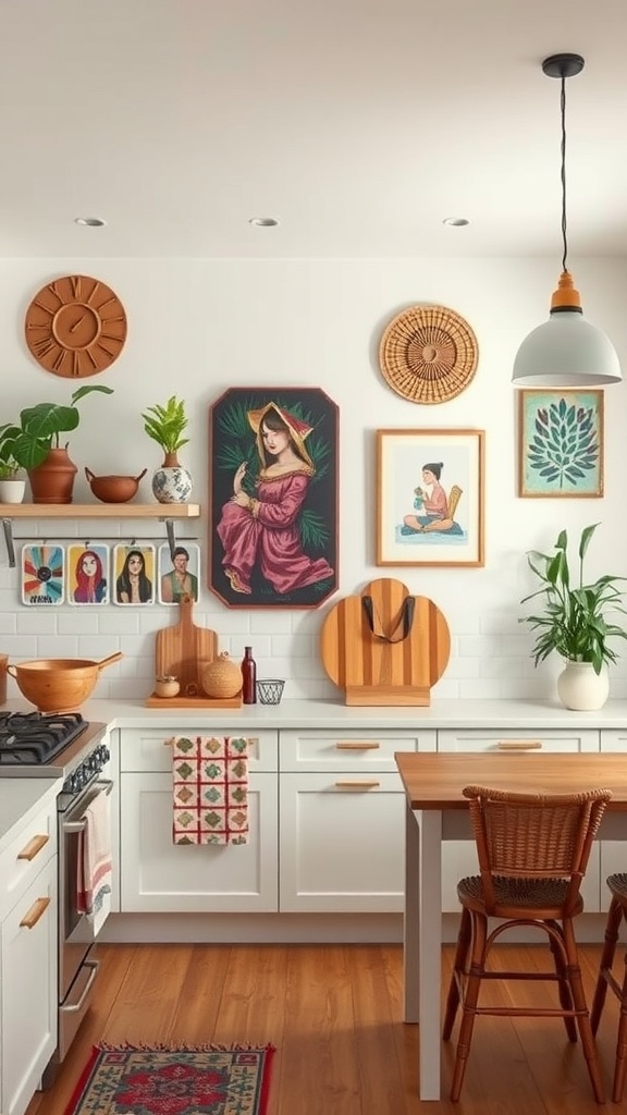 Boho kitchen with artistic wall decor, featuring vibrant artwork and plants.