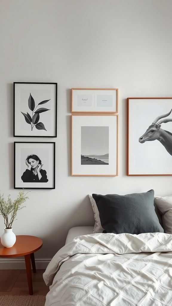 A cozy bedroom with artistic wall decor featuring black and white framed art and a leafy print.