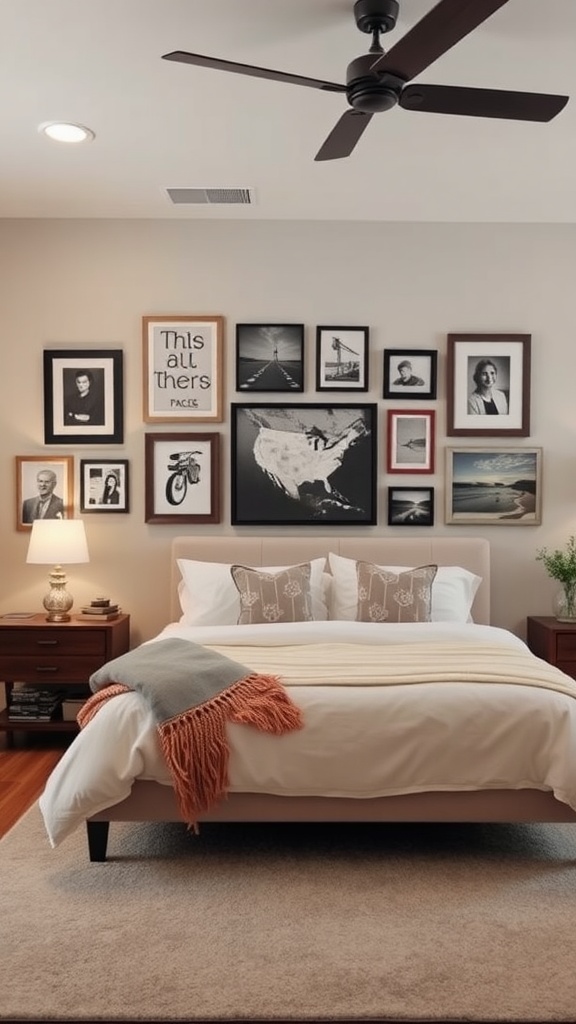 A master bedroom featuring a gallery wall with a mix of framed photos and art prints above a bed.