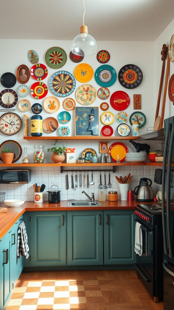 A colorful collection of decorative plates on a kitchen wall, mixed with a few framed items and kitchen utensils.