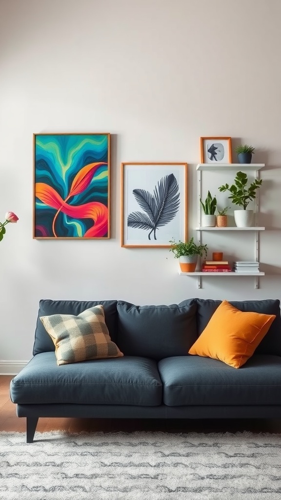 A living room featuring a dark gray sofa, colorful artwork on the wall, and decorative shelves with plants.