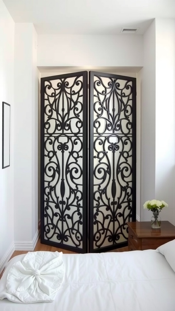 Artistic black iron folding screen divider in a small bedroom