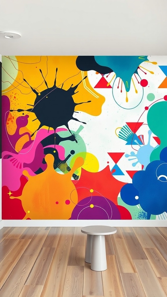 A vibrant wall mural featuring colorful splashes and abstract shapes in a modern room