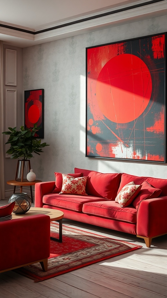 A stylish red living room showcasing two artworks with red hues, a red sofa, and decorative elements.