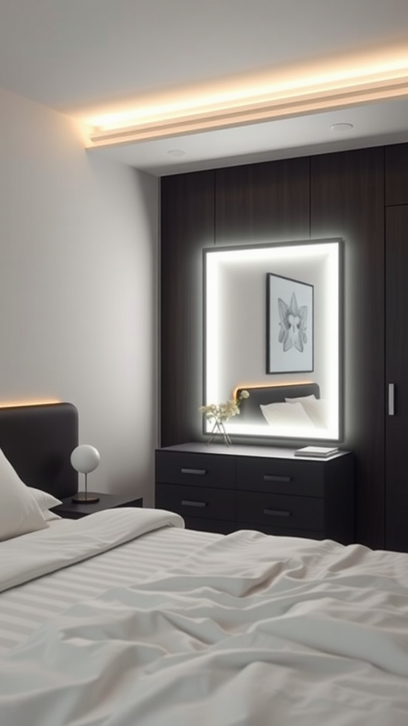 A modern bedroom featuring a backlit mirror, minimalist decor, and soft lighting.