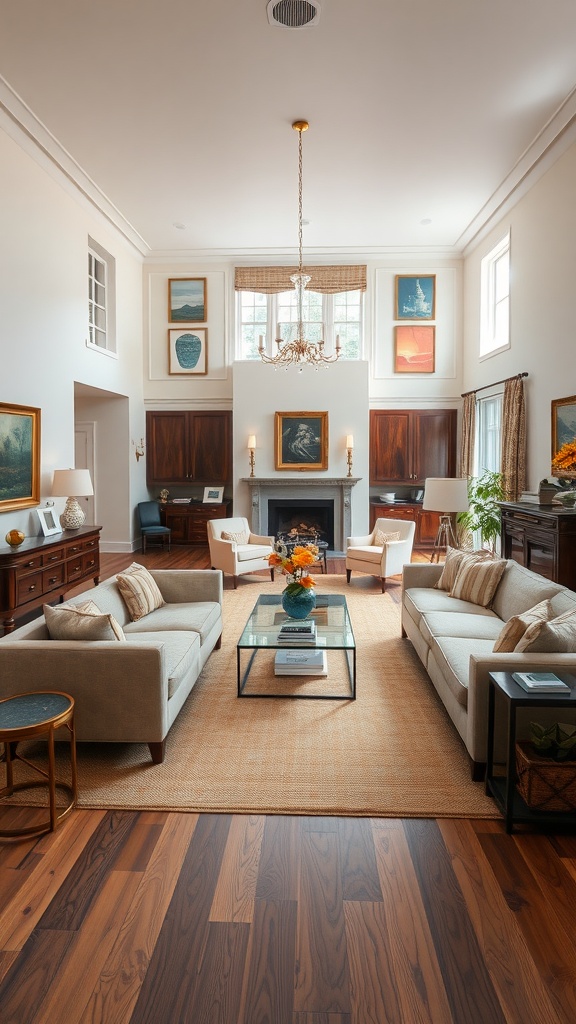 A formal living room featuring two sofas, accent chairs, and a coffee table in a well-lit space with artwork on the walls.