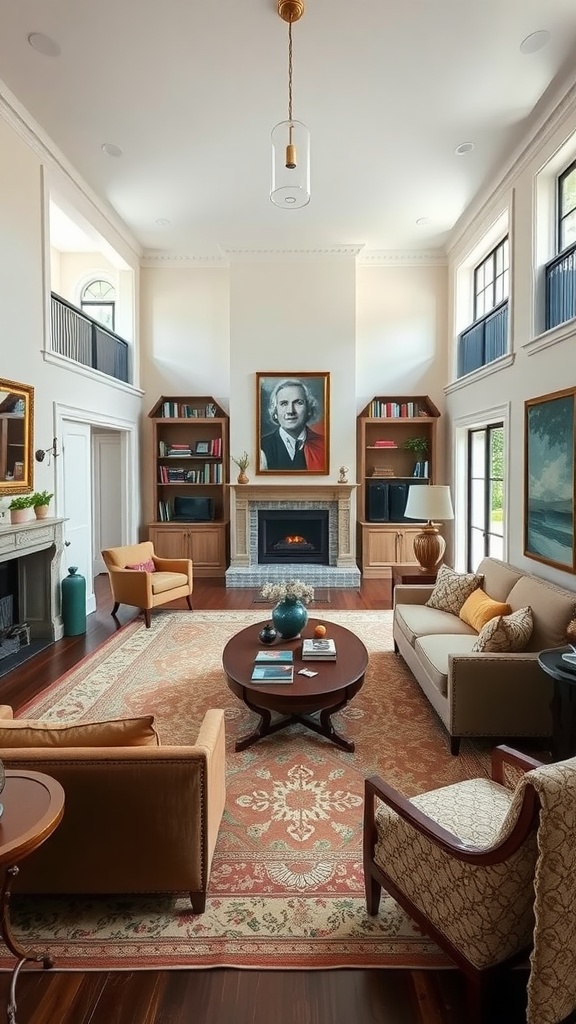 A formal living room with high ceilings, large windows, and warm seating arrangements, featuring a central coffee table and bookshelves.