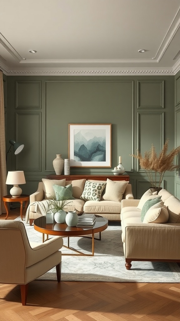 Living room featuring sage green walls with neutral furnishings and decor.