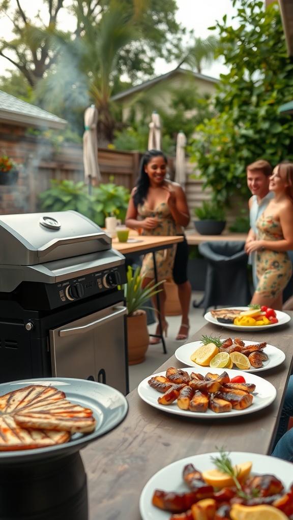 A lively barbecue gathering with friends, featuring a grill, delicious food on plates, and happy people chatting.