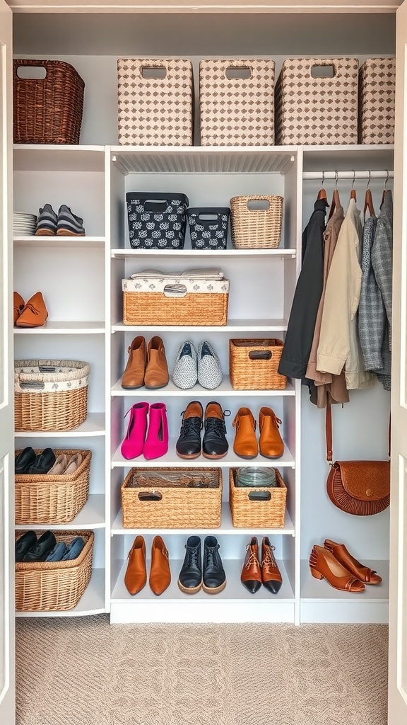 Organized closet with baskets and bins for storage