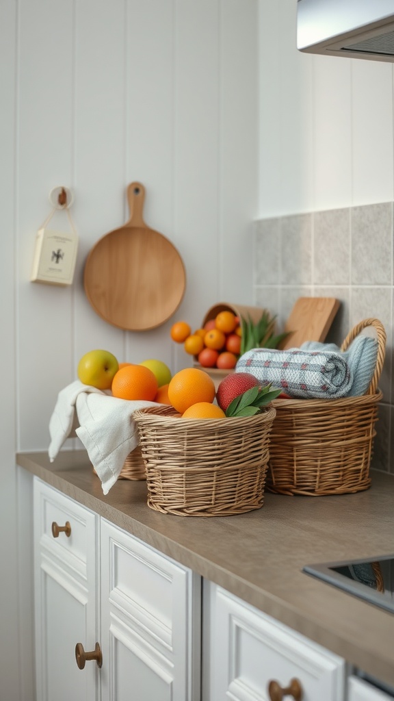 A kitchen counter featuring woven baskets filled with fruits and kitchen towels.