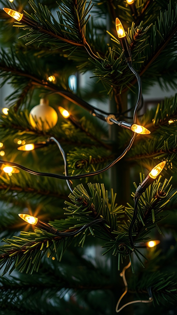 Close-up of battery-operated wire lights on a Christmas tree