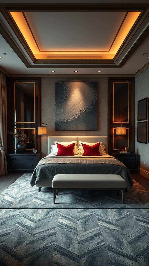 A modern luxury bedroom featuring a stylish bed, decorative pillows, and a unique rug