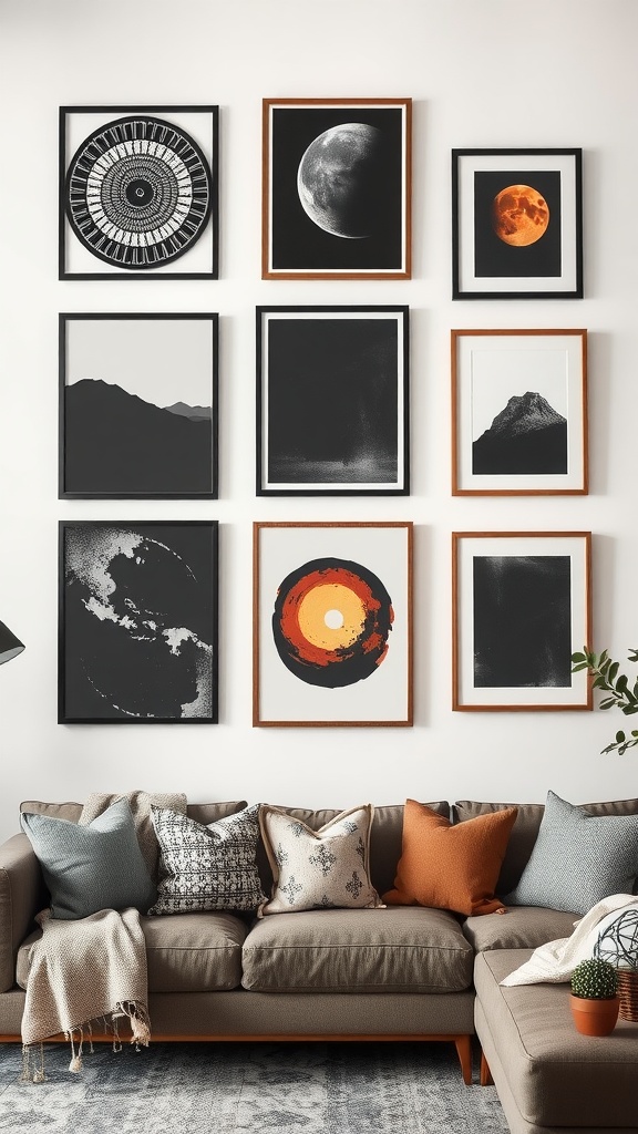 Black and rust living room wall art display featuring various framed pieces in black and rust colors.