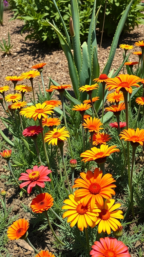 A cluster of vibrant blanket flowers in shades of orange and yellow, surrounded by greenery.