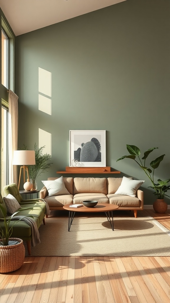 A cozy living room featuring sage green walls, a tan sofa, wooden furniture, and potted plants.