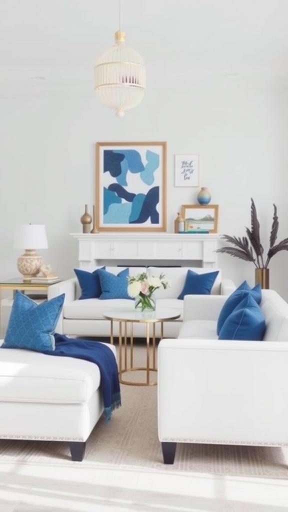 A bright living room featuring white furniture with blue accent pillows and decor.