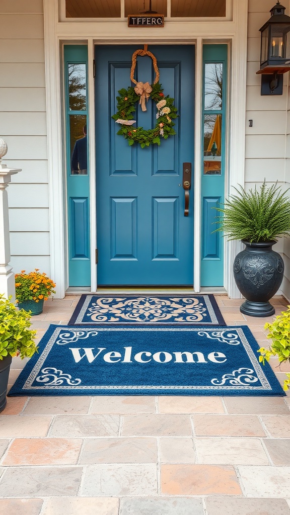 A blue door with a decorative wreath and a blue and silver welcome mat on the porch