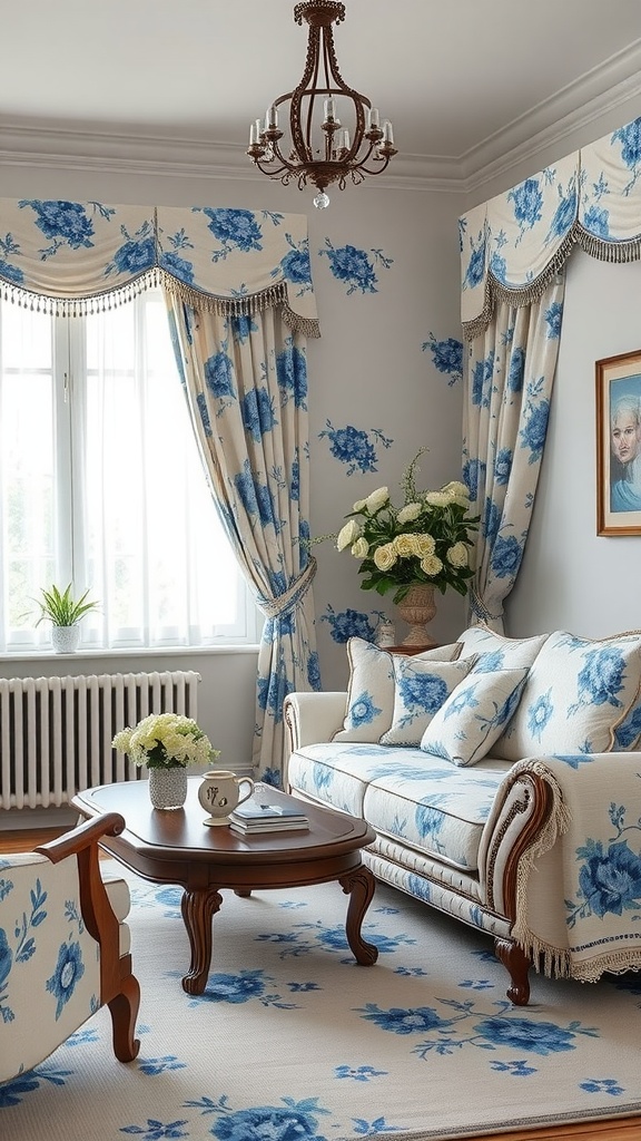 A beautiful living room featuring blue and white floral motifs on the sofa, curtains, and rug, with a cozy coffee table and chandelier.