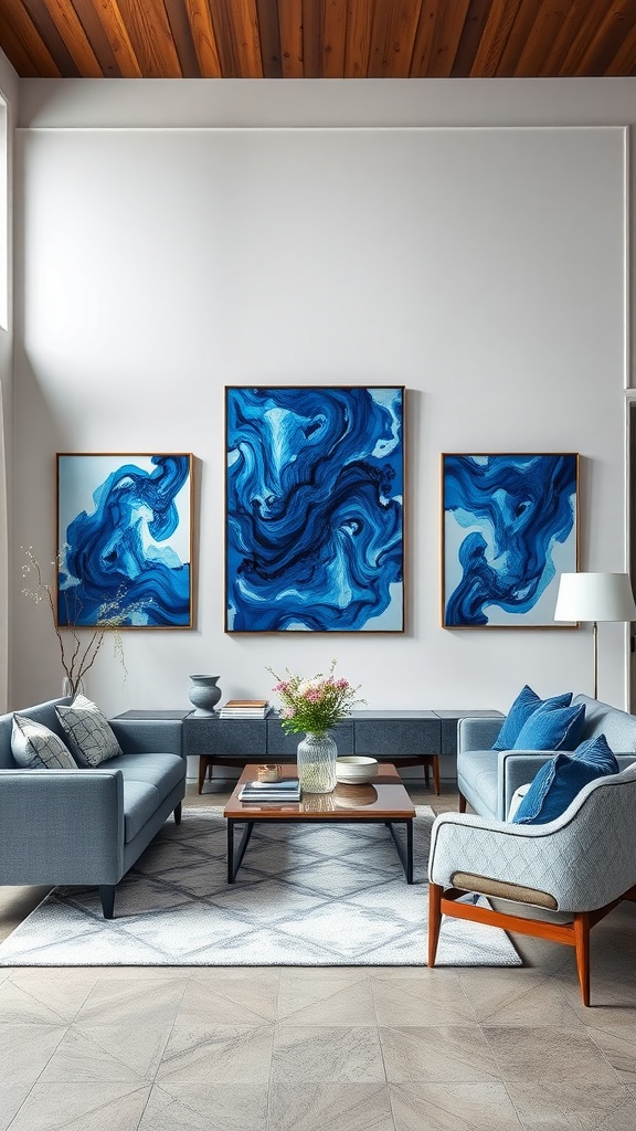 A living room featuring blue abstract artwork on a white wall, gray sofas, and a coffee table.