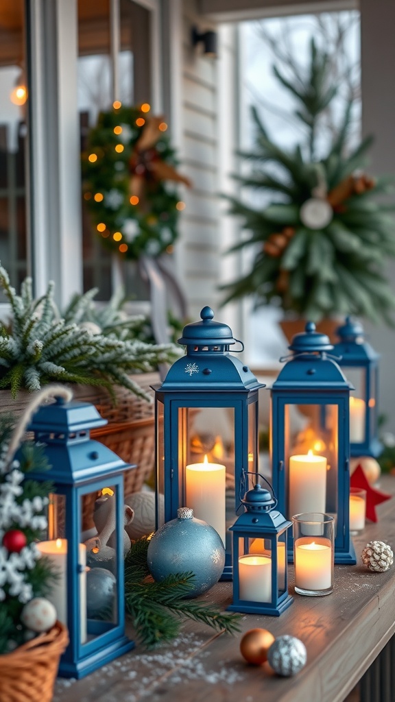 Blue themed lanterns with candles and ornaments on a porch decorated for Christmas