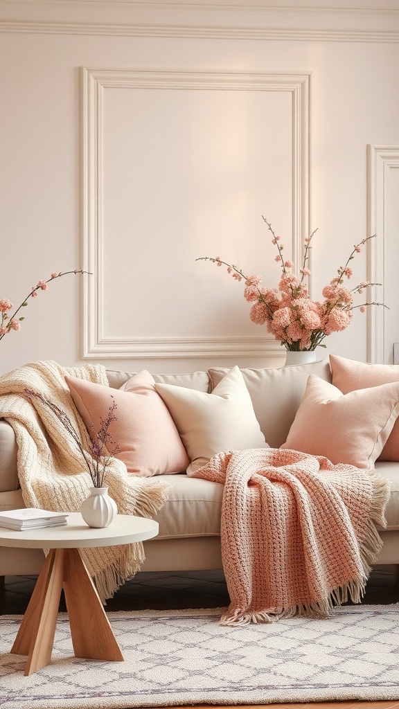 A cozy living room with blush pink cushions, a knitted throw, and fresh flowers on the table.