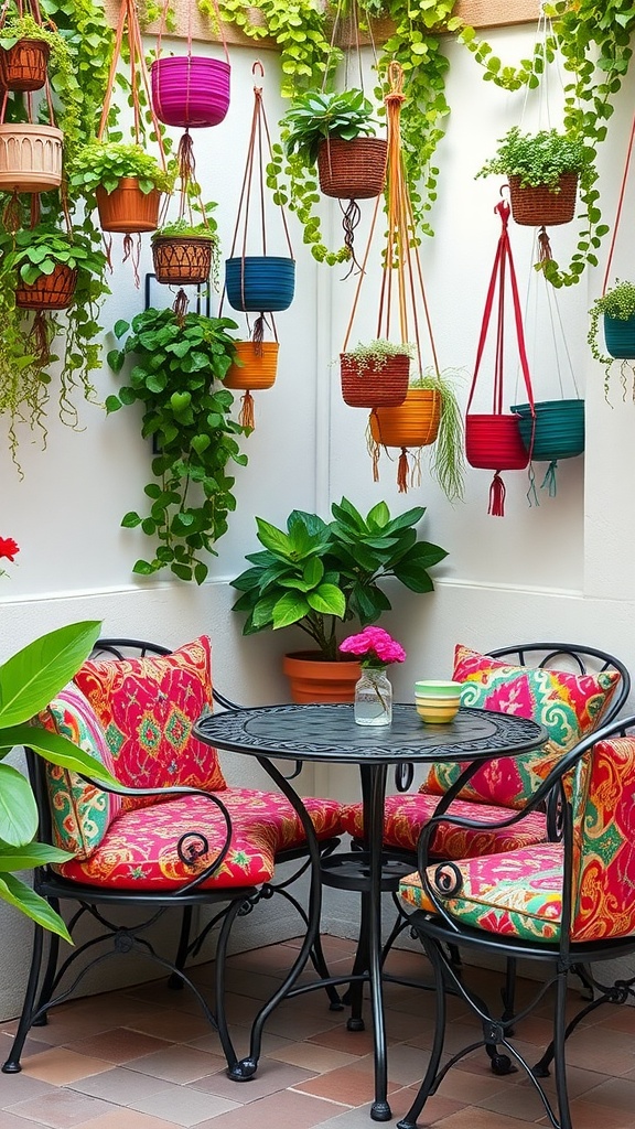 A cozy outdoor bistro set with colorful cushions and hanging plants.