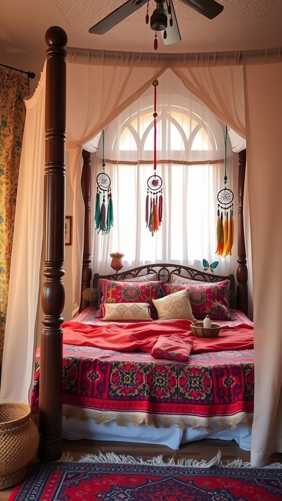 A bohemian canopy bed decorated with dreamcatchers, colorful bedding, and warm lighting.