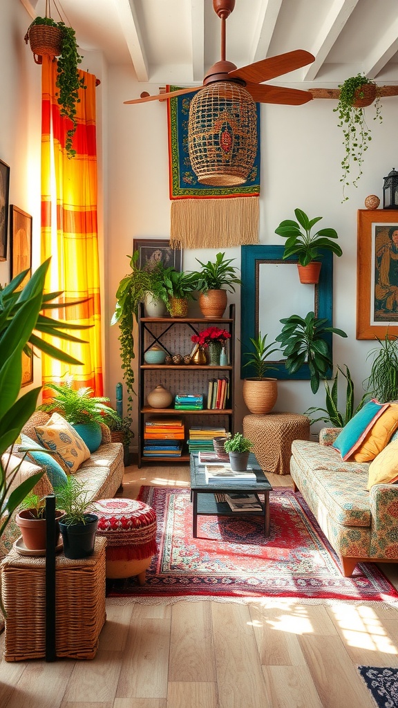 A vibrant bohemian-style living room with colorful curtains, plants, and eclectic furniture.