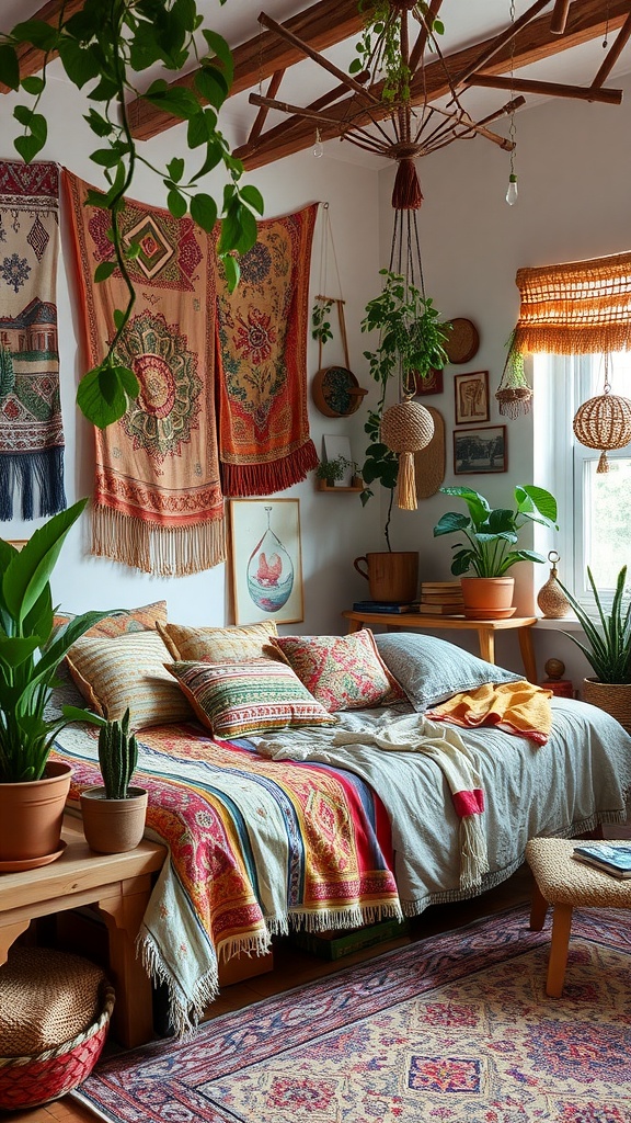 A cozy bohemian-style bedroom with colorful tapestries, layered bedding, and plants.