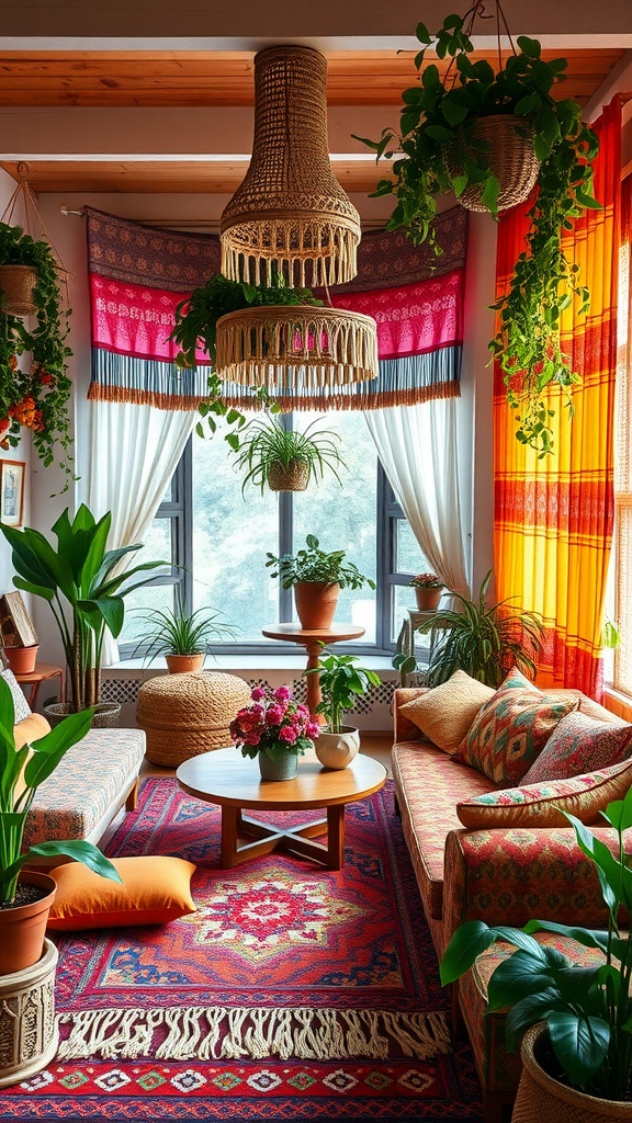 A vibrant bohemian chic living room with eclectic textiles, colorful curtains, and lush plants.