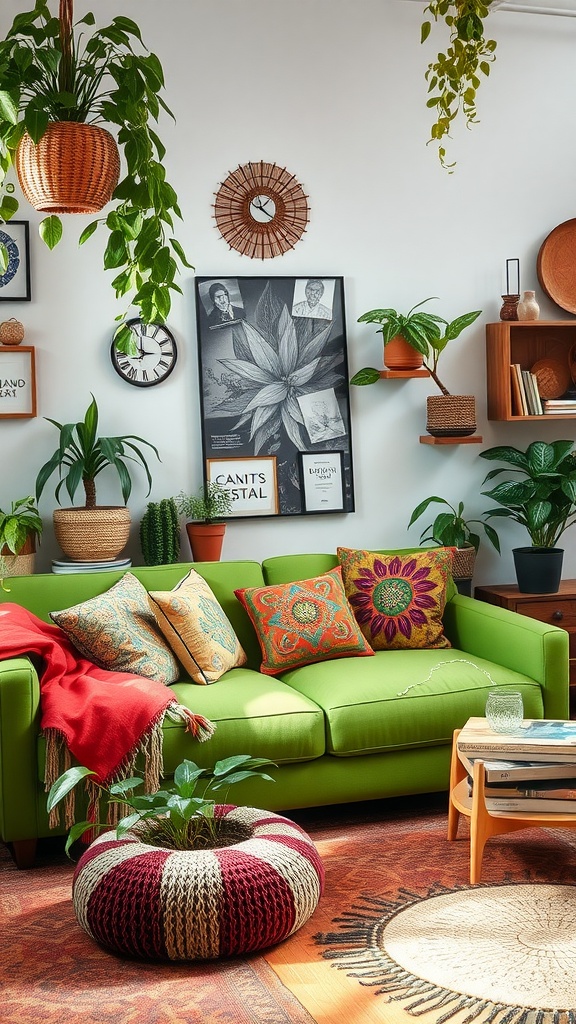 A Bohemian chic living room featuring a green couch with colorful pillows, potted plants, and eclectic decor.