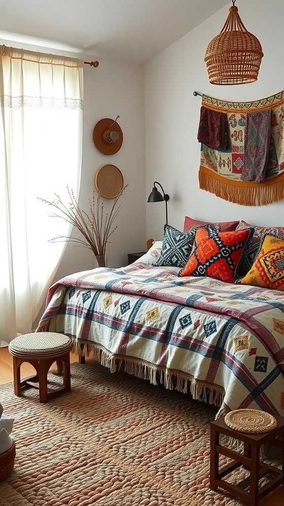 A cozy bohemian-style bedroom with colorful textiles and natural elements