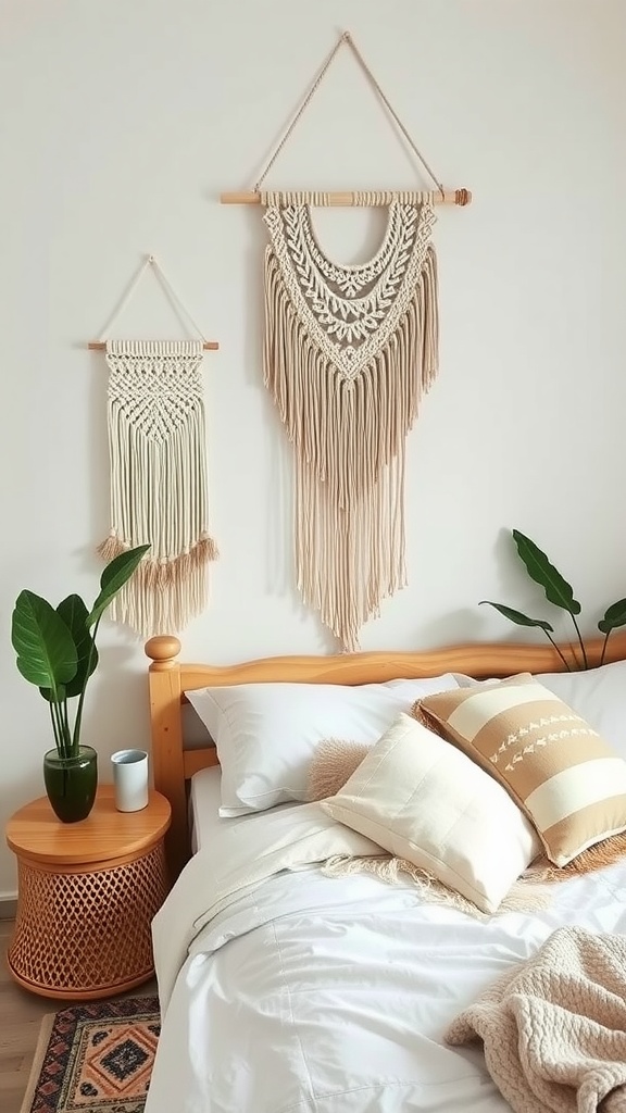 Boho-chic bedroom featuring macramé wall hangings, a cozy bed, and green plants.