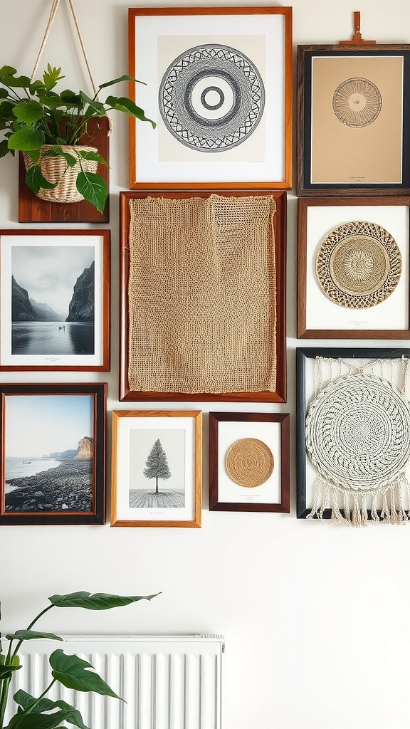 Boho-inspired gallery wall with various framed artworks and a hanging plant