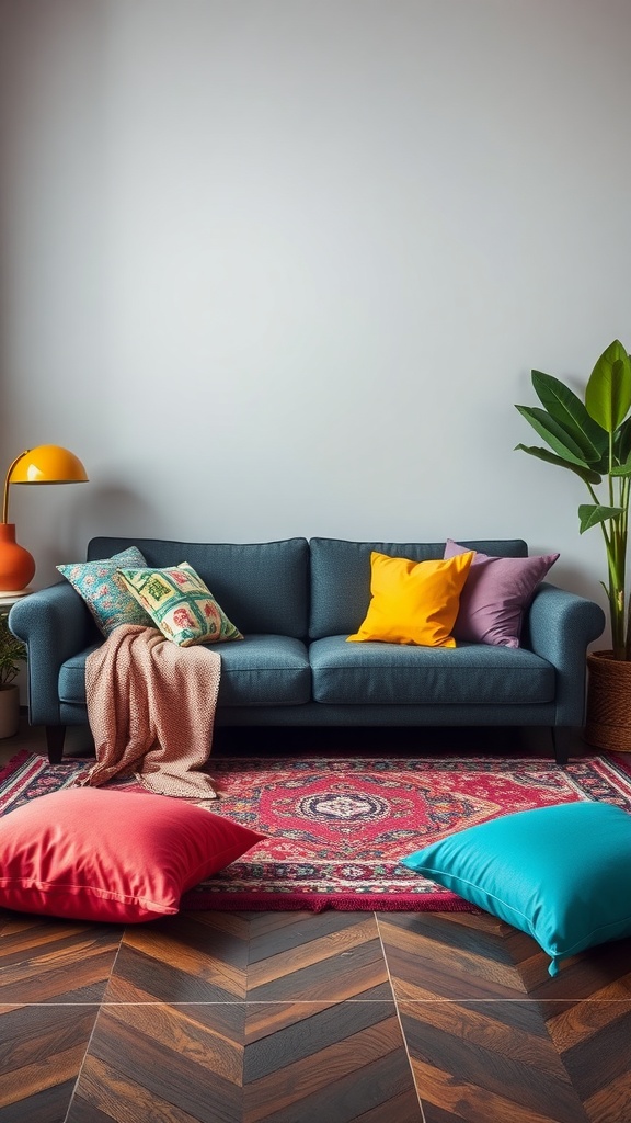 Living room with a dark gray sofa, colorful pillows, and a patterned rug