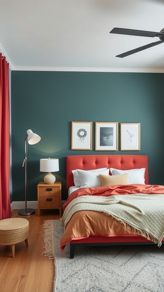 A bedroom with deep green walls, a red headboard, and warm-toned bedding, showcasing bold accent colors.