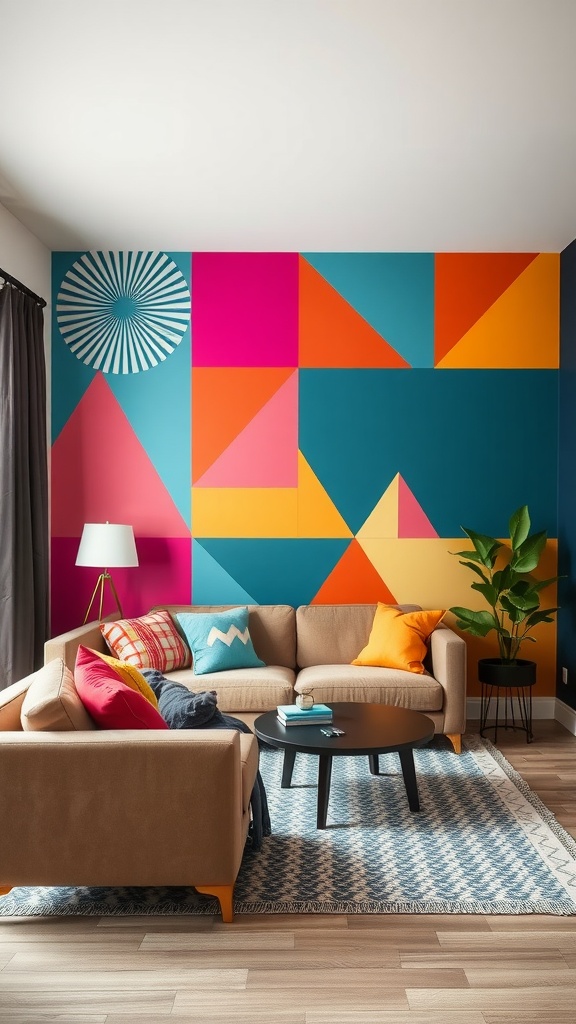 Living room with a geometric accent wall in vibrant colors and matching decor