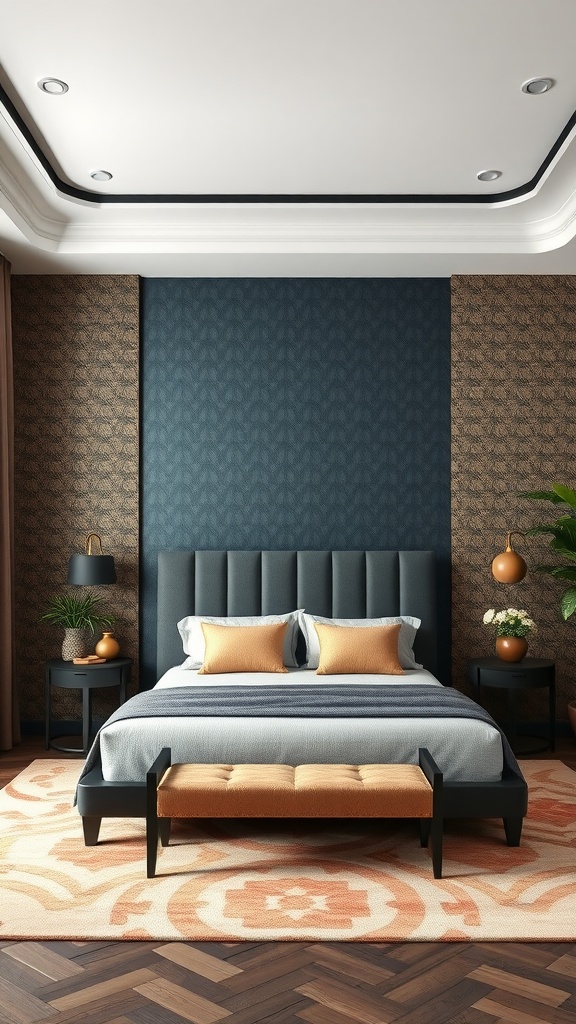 A modern luxury bedroom featuring a bold blue accent wall, patterned wallpaper, and elegant decor elements.