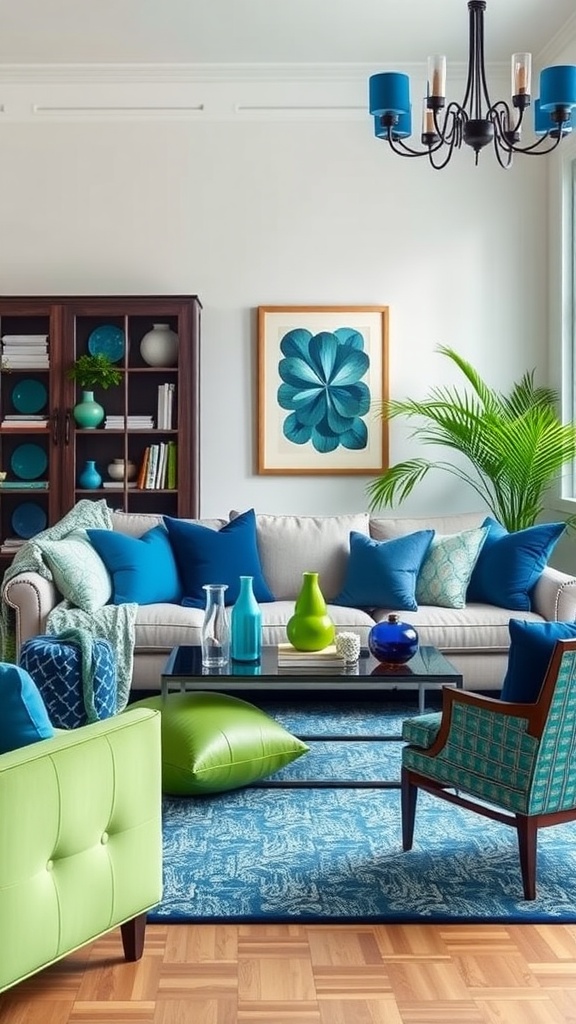 A vibrant living room featuring a mix of blue and green decor, highlighting comfortable seating and decorative accessories.