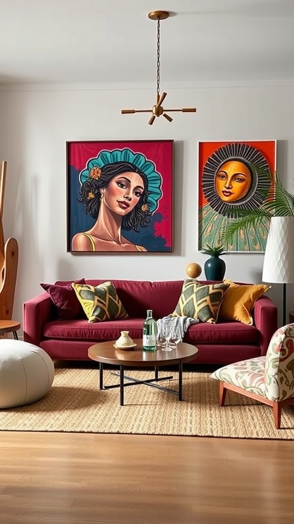 A boho living room featuring a deep burgundy sofa, colorful artwork, patterned pillows, a round coffee table, and plants.