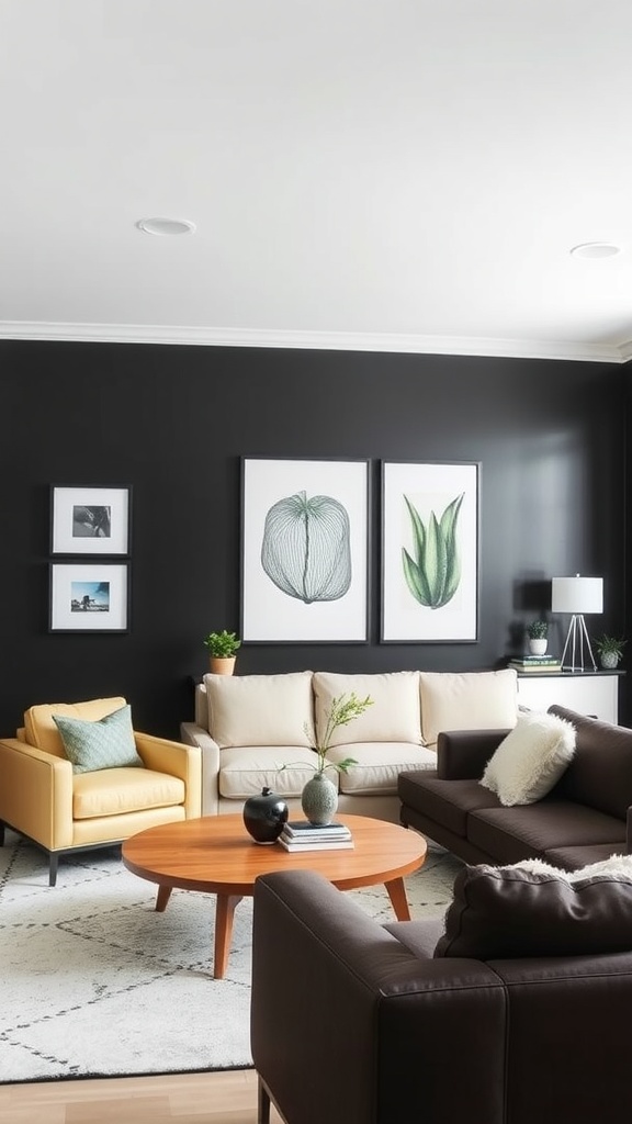 Living room with a bold black accent wall, featuring light furniture and green plant art.