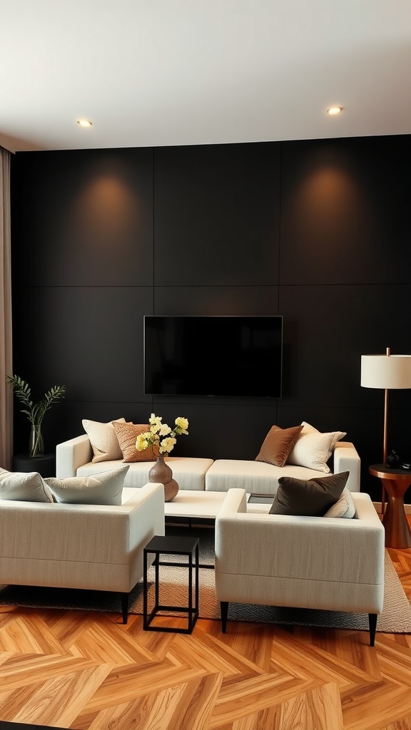 Living room with a bold black accent wall, light-colored sofas, and warm wooden flooring.