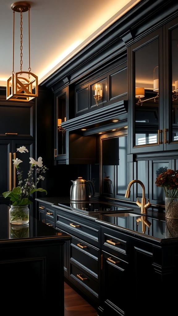 A modern kitchen featuring bold black cabinetry with gold accents, elegant lighting, and fresh flowers.