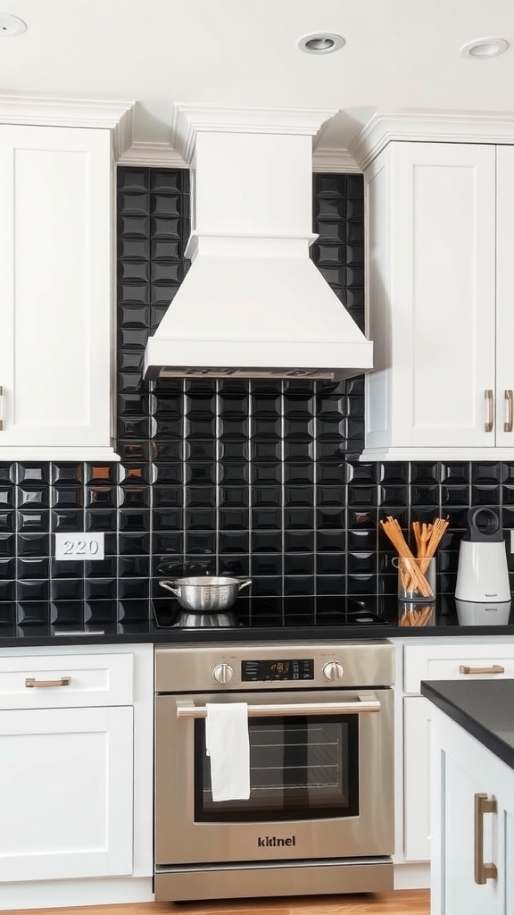 A modern kitchen featuring a bold black backsplash with shiny tiles, white cabinets, and stainless steel appliances.